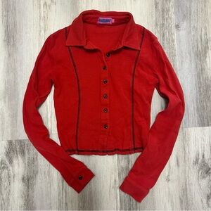 Edikted Red Collared Ribbed Cropped Shirt